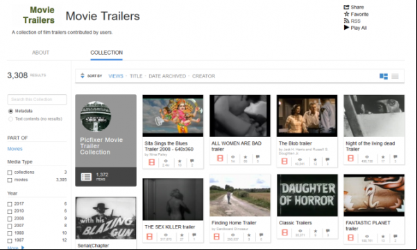 En Internet Archive podrás descargar trailers de películas gratis. Hay miles de ellos, la mayoría del año 2.000 en adelante.